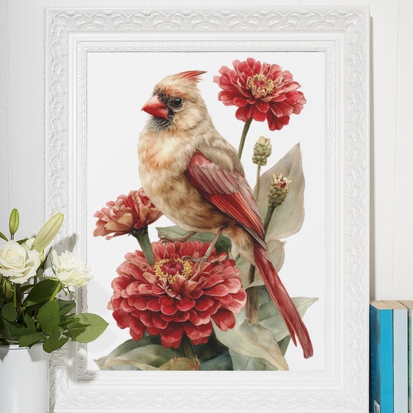 Watercolor Female Cardinal Bird with Flowers Wall Art Print Unframed - Picture 6 of 6